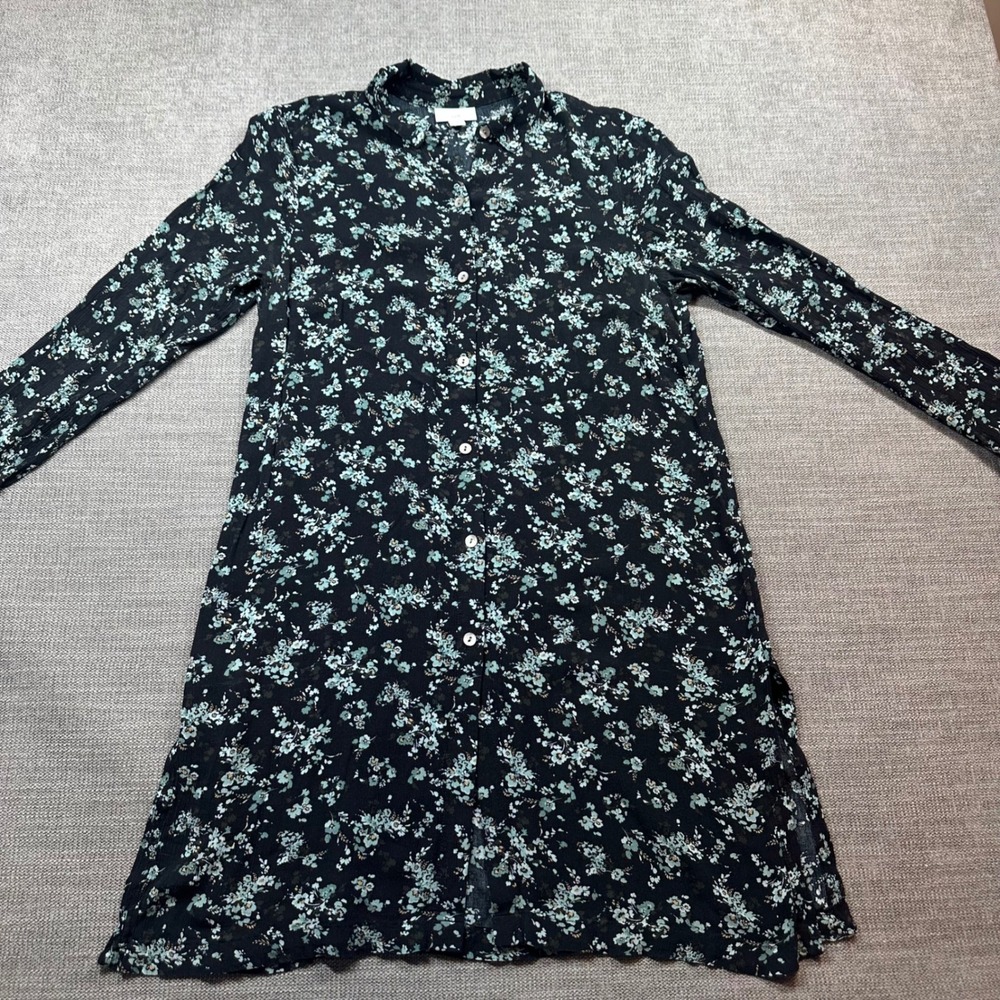 J. Jill Shirt Dress‎ Womens S Black Floral Rayon Button Front Mini
